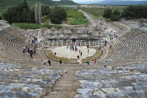 The cavea and orchestra of the Great Theatre, looking down Harbour Street towards the plain