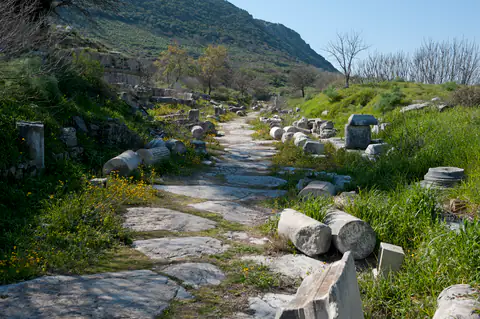 A stone-paved road climbs between grassy banks and fallen blocks towards the hills