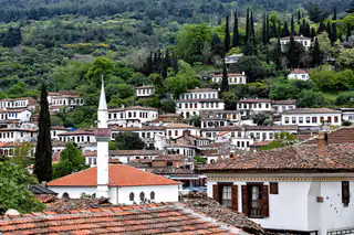 Şirince village of white-walled, tile-roofed houses on a green hillside, with a minaret