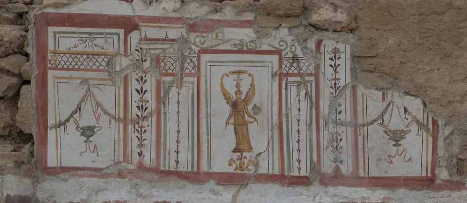 Wall painting with red panels, garlands and a small winged figure, Terrace Houses